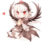  1girl bottle dress flower frills gothic_lolita hairband heart lolita_fashion long_hair looking_at_viewer mtyy red_eyes rose rozen_maiden shiny shiny_skin silver_hair solo suigintou wings 