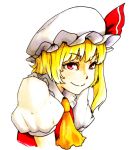  1girl ascot blonde_hair female flandre_scarlet hat hat_ribbon looking_at_viewer mob_cap no_wings red_eyes red_ribbon ribbon shiratama_(hockey) shirodama short_sleeves side_ponytail simple_background smile solo touhou upper_body white_background 