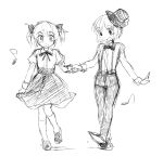  2girls alternate_costume bow dancing dddoochi1 dress hair_bow hand_holding hat highres kaname_madoka mahou_shoujo_madoka_magica miki_sayaka monochrome multiple_girls musical_note overalls short_twintails sketch smile top_hat twintails 