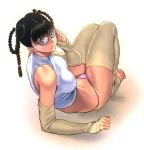  1girl arm_support bad_id bare_shoulders bespectacled black_hair braid breasts brown_eyes dead_or_alive detached_leggings detached_sleeves elbow_gloves glasses gloves hair_rings highleg highleg_panties homare_(fool&#039;s_art) lei_fang long_hair panties pants purple_panties simple_background solo tecmo twin_braids underwear 