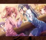  4girls aida_mana blue_eyes blue_hair blush braid brown_eyes brown_hair chocolate chocolate_heart dokidoki!_precure eating feeding flipped_hair half_updo heart highres hishikawa_rikka inoshishi_(ikatomo) kenzaki_makoto letterboxed long_hair multiple_girls open_mouth pink_eyes pink_hair precure purple_hair short_hair single_braid sitting smile violet_eyes yotsuba_alice yuri 