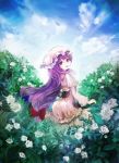  1girl chagu clouds female flower hat highres long_hair looking_back nature open_mouth outdoors patchouli_knowledge purple_hair rose sky smile solo touhou violet_eyes white_rose 