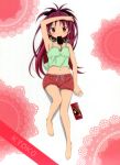  1girl absurdres arm_up armpits bare_legs bare_shoulders barefoot bloomers camisole feet food_in_mouth hand_on_own_head highres mahou_shoujo_madoka_magica midriff mouth_hold navel official_art red_eyes redhead sakura_kyouko snack solo underwear 