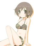  1girl akiyama_yukari bad_id bikini breasts brown_eyes brown_hair camouflage cleavage collarbone girls_und_panzer highres navel nekokan-nekokan no_nose short_hair sitting smile solo swimsuit 