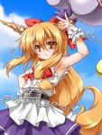  1girl :3 armpits belt bow bracelet brown_hair chains clouds fang female from_side gourd hair_bow hair_tubes hand_on_hip horns ibuki_suika jewelry long_hair looking_at_viewer low-tied_long_hair orange_eyes orange_hair ponytail ribbon roura skirt sky sleeveless smile solo tied_hair touhou very_long_hair 