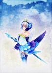  1girl armor armored_dress blue blue_eyes choker dress feathers gwendolyn odin_sphere oshiruko_(tsume) polearm pteruges strapless_dress tiara traditional_media valkyrie watercolor_(medium) weapon 