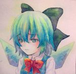  1girl blue_eyes blue_hair bow cirno hair_bow ice ice_wings solo touhou traditional_media watercolor_(medium) wings yuyu_(00365676) 