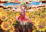  1girl ascot blood blood_on_face bloody_clothes bloody_weapon blue_sky blurry boots child closed_umbrella clouds depth_of_field empty_eyes female field flower flower_field green_hair horizon juliet_sleeves kazami_yuuka long_sleeves looking_at_viewer nature outdoors puffy_sleeves red_eyes risutaru shirt short_hair skirt skirt_set sky smile solo sparkle standing sunflower touhou umbrella vest weapon younger 