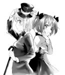  2girls alternate_costume bow bowtie cane dddoochi1 dress formal gloves hair_bow hat kaname_madoka mahou_shoujo_madoka_magica miki_sayaka monochrome multiple_girls musical_note short_twintails smile suit top_hat tuxedo twintails 