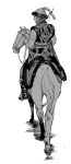  1boy animal arrow azel_halgal back bluemoooon bow_(weapon) braid from_behind full_body fur_trim hat highres horse male_focus monochrome multiple_braids otoyomegatari quiver riding sitting solo traditional_clothes weapon white_background 