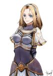 1girl armor arms_behind_back artist_name blonde_hair blue_eyes breastplate bryanth hairband highres league_of_legends long_hair luxanna_crownguard navel signature simple_background smile solo white_background 