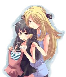  2girls alternate_costume black_hair blonde_hair brown_eyes casual clothes_hanger hair_ornament hair_over_one_eye hairclip hands_on_shoulders hikari_(pokemon) long_hair multiple_girls nel_(hana-melt) pokemon shirona_(pokemon) shopping yuri 