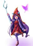  1girl animal_ears boots dress green_eyes hat league_of_legends long_hair long_sleeves lulu_(league_of_legends) open_mouth purple_hair solo staff striped striped_legwear thigh-highs very_long_hair wink witch_hat xano 