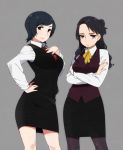  2girls agemono belted belted_dress black_eyes black_hair clasped_dress crossed_arms frown hand_on_hip hand_on_own_chest lips long_hair mole multiple_girls necktie office_lady original pantyhose pencil_skirt short_hair skirt tight_dress vest 