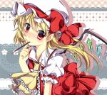  1girl ascot blonde_hair blush bow female finger_to_face flandre_scarlet hat hat_bow heart hikobae mouth_hold pocky pointy_ears red_eyes short_hair short_sleeves side_ponytail smile solo symbol-shaped_pupils touhou valentine wings 