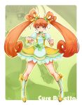  1girl boots bow brown_eyes brown_hair character_name choker clenched_hand clenched_hands cure_rosetta dokidoki!_precure double_bun dress flower green_background hair_flower hair_ornament hair_ribbon hair_rings highres knee_boots long_hair magical_girl mironomeo nomeo precure ribbon smile solo twintails wrist_cuffs yotsuba_alice zoom_layer 