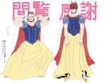  2boys blush bow cape crossdressinging disney dress fate/zero fate_(series) father_and_son flexing hair_bow kotomine_kirei kotomine_risei male_focus multiple_boys muscle natsu_yasai parody pose puffy_sleeves shaded_face snow_white snow_white_(cosplay) snow_white_and_the_seven_dwarfs 