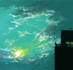  1girl balcony beamed_quavers clouds house lonely lowres madotsuki musical_note ngnl quaver scenery silhouette sitting sky solo spoken_musical_note sun sunrise yume_nikki 