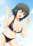  1girl ;d atsuko bikini blush breasts cleavage clouds diesel-turbo female frills green_eyes green_hair large_breasts looking_at_viewer minami-ke navel one_eye_closed open_mouth short_hair sky smile solo sunlight swimsuit water wink 