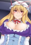  1girl blonde_hair blush bow breasts choker cleavage corset dress elbow_gloves female gloves hat kupala large_breasts long_hair looking_at_viewer mob_cap smile smug solo touhou upper_body violet_eyes white_gloves yakumo_yukari 