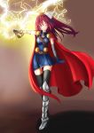  1girl armor cape cosplay hammer lightning mahou_shoujo_madoka_magica marvel passevo ponytail red_eyes redhead sakura_kyouko thor_(marvel) 
