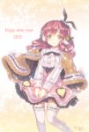  10s 1girl 2013 :&gt; blush bow coat earmuffs hair_bow heart highres long_hair looking_at_viewer musical_note new_year north_abyssor original redhead skirt smile solo thigh-highs v_arms white_legwear 