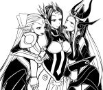  3girls armor breasts chocolate cleavage diana_(league_of_legends) ear_protection forehead_protector helmet highres hug league_of_legends leona_(league_of_legends) long_hair monochrome multiple_girls oldlim syndra tsugumi_(artist) valentine 