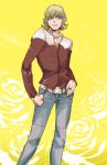  1boy barnaby_brooks_jr bkirin blonde_hair glasses jacket jewelry male_focus necklace red_jacket ring solo sparkle tiger_&amp;_bunny 