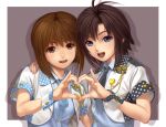  2girls :d ahoge antenna_hair black_eyes black_hair blush brown_eyes brown_hair hagiwara_yukiho hand_on_shoulder heart heart_hands heart_hands_duo idolmaster idolmaster_cinderella_girls idolmaster_shiny_festa kikuchi_makoto looking_at_viewer multiple_girls necktie nekopuchi open_mouth polka_dot short_hair smile upper_body vest wrist_cuffs 