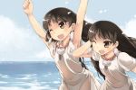  2girls :d armpits arms_up blush brown_eyes brown_hair earrings jewelry kouno_hikaru laila_(otoyomegatari) leyla_(otoyomegatari) leyli_(otoyomegatari) long_hair multiple_girls necklace one_eye_closed open_mouth otoyomegatari outstretched_arms see-through siblings sisters smile twins water wet wink 
