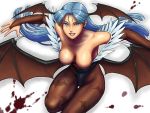  1girl alternate_color alternate_hair_color bare_shoulders bat_print bat_wings blood blood_splatter blue_eyes blue_hair breasts brown_legwear capcom cleavage demon_girl hdfm head_wings highres long_hair morrigan_aensland outstretched_arms pantyhose print_legwear smile solo spread_arms succubus thighs vampire_(game) wings 