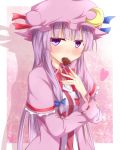  1girl chocolate crescent crossed_arms dress eating female hair_ribbon hat heart patchouli_knowledge purple_hair ram_hachimin ribbon shadow solo touhou violet_eyes 