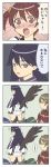  4koma blush bow_(weapon) brown_hair comic futaba_aoi_(vividred_operation) green_hair hair_ornament isshiki_akane kuroki_rei long_hair long_image multiple_girls red_eyes saegusa_wakaba school_uniform shinomiya_himawari short_hair short_shorts shorts tall_image thigh-highs twintails violet_eyes vividred_operation weapon you2 