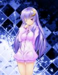  1girl alternate_costume argyle argyle_background bad_id bottomless breasts crescent crescent_hair_ornament female hair_ornament hand_on_own_chin large_breasts long_hair long_sleeves naked_sweater no_pants one_eye_closed patchouli_knowledge purple_hair salmon_(saaamon) solo sweater temperature tile_background touhou very_long_hair violet_eyes wink 