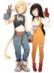  1boy 1girl black_hair blonde_hair bodysuit boots breasts brown_eyes choker cleavage couple final_fantasy final_fantasy_ix full_body garnet_til_alexandros_xvii gloves hand_holding hetero holding_hands jewelry long_hair long_sleeves low-tied_long_hair mushisotisis necklace open_mouth orange_bodysuit pendant ribbon short_hair simple_background sleeveless smile square_enix standing tail tied_hair white_background zidane_tribal 