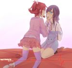  2girls aida_mana arms_behind_back bdsm blue_eyes blue_hair bondage bound bound_wrists chocolate chocolate_heart couple dokidoki!_precure finger_in_mouth flipped_hair food half_updo happy_valentine heart highres hinagi_(fox_priest) hishikawa_rikka kneeling long_hair mouth_hold multiple_girls open_mouth pink_eyes pink_hair ponytail precure short_hair skirt thigh-highs valentine yuri zettai_ryouiki 