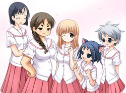  5girls :3 animal_ears black_hair blonde_hair blue_eyes blue_hair blush braid brown_hair bundou_seika cat_ears closed_eyes eyebrows fukabori_sumiyo fukuji_mihoko glasses grey_hair hair_ornament hairpin ikeda_kana long_hair multiple_girls plump raku-susanoo raku_kokorosashi saki short_hair single_braid white_hair yoshitome_miharu 