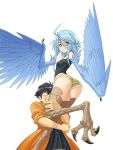  1boy 1girl ahoge ass bare_shoulders blank_eyes blue_hair blue_wings breasts claws feathered_wings harpy inui_takemaru kurusu_kimihito looking_at_viewer monster_girl monster_musume_no_iru_nichijou official_art okayado papi_(monster_musume) short_hair short_shorts shorts simple_background small_breasts smile talons white_background wings yellow_eyes 