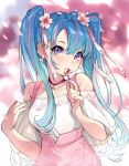  1girl bangs bare_shoulders blue_eyes blue_hair blurry blurry_background breasts candy collarbone commentary depth_of_field earrings eyebrows_behind_hair fingernails flower food hair_between_eyes hair_flower hair_ornament hair_ribbon hatsune_miku high-waist_skirt highres holding holding_food jewelry lollipop multicolored_hair nail_polish off-shoulder_shirt off_shoulder petals pink_flower pink_hair pink_nails pink_ribbon pink_skirt puffy_short_sleeves puffy_sleeves ribbon shirt short_sleeves skirt small_breasts solo streaked_hair suspender_skirt suspenders twintails upper_body vocaloid white_shirt yuu_(higashi_no_penguin) 