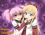  2girls blonde_hair blue_eyes bow censored censored_food english food hair_bobbles hair_bow hair_ornament happy_valentine long_hair multiple_girls pink_hair school_uniform serafuku shippo_(pixiv) shippo_(shishizaru) star starry_background teeth toshinou_kyouko twintails valentine yoshikawa_chinatsu yuru_yuri 