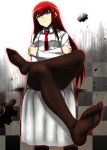  1girl black_legwear crossed_arms feet frown labcoat legs legs_crossed legwear_under_shorts long_hair looking_at_viewer makise_kurisu minarai necktie no_shoes pantyhose pov_feet red_necktie redhead shorts sitting soles steins;gate toes violet_eyes 