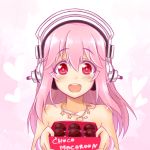  1girl :d bare_shoulders blush bracelet chocolate collarbone headphones heart jewelry long_hair looking_at_viewer macaron necklace nitroplus okitakung open_mouth pink_background pink_hair red_eyes smile solo super_sonico topless upper_body valentine 