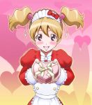  1girl apron blush brown_hair chocolate chocolate_heart dress fresh_precure! headdress heart heart_background juliet_sleeves kijichuu_masahiro kijinaka_mahiro long_sleeves momozono_love open_mouth pink_background pink_eyes precure puffy_sleeves short_hair smile solo twintails valentine waitress 