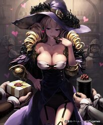  1girl :p alcohol armor bad_id bar beer beer_mug belt blonde_hair box breasts chocolate cleavage collarbone drill_hair feathers garter_straps gift gift_box hand_on_hip hat heart large_breasts lena_(zoal) long_hair shingeki_no_bahamut smile tongue tongue_out valentine violet_eyes witch_hat 