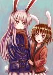  2girls animal_ears brown_hair bunny_tail contemporary female gesu02 hands_in_pockets highres holding_arm inaba_tewi jacket multiple_girls pleated_skirt purple_hair rabbit_ears red_eyes reisen_udongein_inaba scarf short_hair skirt tail touhou traditional_media 