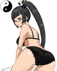  1girl arc_system_works ass back black_bra black_hair black_panties blazblue blazblue:_calamity_trigger bra breasts dated from_behind glasses hiru_made_ne-tarou lao_jiu large_breasts lingerie litchi_faye_ling long_hair panda panties ponytail red_eyes semi-rimless_glasses under-rim_glasses underwear underwear_only very_long_hair yin_yang 