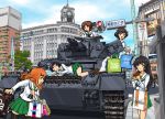  5girls ahoge akiyama_yukari anachronism bag bangs black_eyes black_hair black_legwear blouse blue_eyes blunt_bangs blush brown_eyes brown_hair brown_shoes caterpillar_tracks chains city clock contemporary doughnut food ginza_(tokyo) ginza_wako girls_und_panzer green_skirt ground_vehicle hairband headphones highres isuzu_hana landmark lim long_hair long_sleeves lying messy_hair military military_vehicle miniskirt motor_vehicle multiple_girls neckerchief nishizumi_miho on_side open_mouth orange_eyes orange_hair panzerkampfwagen_iv pleated_skirt real_world_location reizei_mako school_uniform serafuku shoes shopping_bag short_hair skirt sky sleeping smile socks takebe_saori tank thigh-highs throat_microphone tokyo_(city) traffic_light vehicle white_blouse 