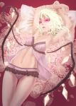  1girl akai_kitsune arms_up babydoll bad_id blonde_hair colored_eyelashes female flandre_scarlet flower highres lace lace-trimmed_panties lingerie lying messy_hair midriff navel negligee on_back panties parted_lips pillow pink_eyes pink_panties pink_rose rose solo touhou underwear underwear_only wings 