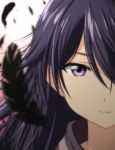  1girl black_feathers blurry close-up closed_mouth depth_of_field expressionless face feathers gradient gradient_background hair_over_one_eye kuroki_rei long_hair looking_at_viewer nori_tamago purple_hair solo violet_eyes vividred_operation 