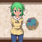  1girl alternate_costume antennae arms_behind_back blush box cato_(monocatienus) clothes_writing contemporary denim earmuffs embarrassed female flying_sweatdrops full-face_blush gift gift_box green_eyes green_hair hood hooded_jacket jacket jeans pants ribbon solo touhou valentine wavy_mouth wriggle_nightbug 